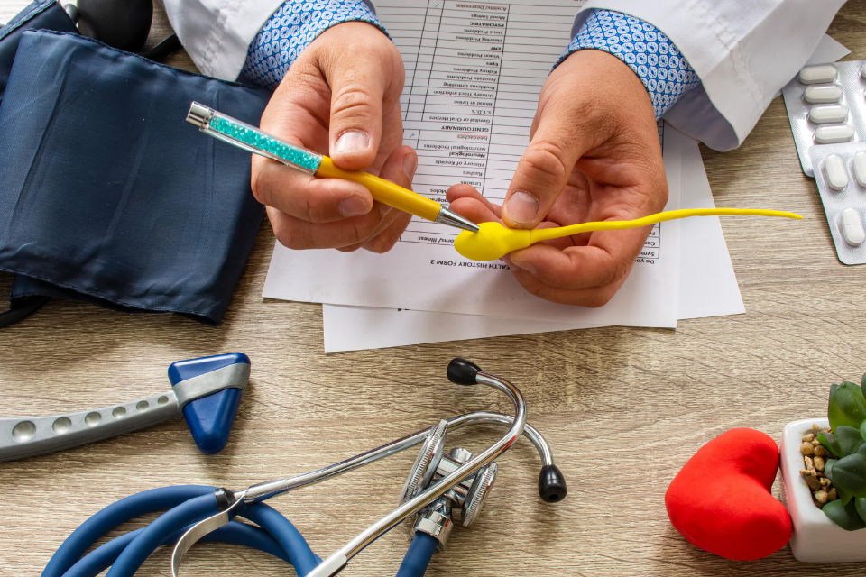 Doctor's hands holding a model of sperm over a desk
